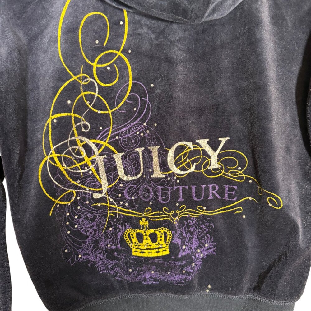 Juicy Couture Navy Blue Velour Hooded Zip Up Graphic Back Y2K XSP - Picture 3 of 9